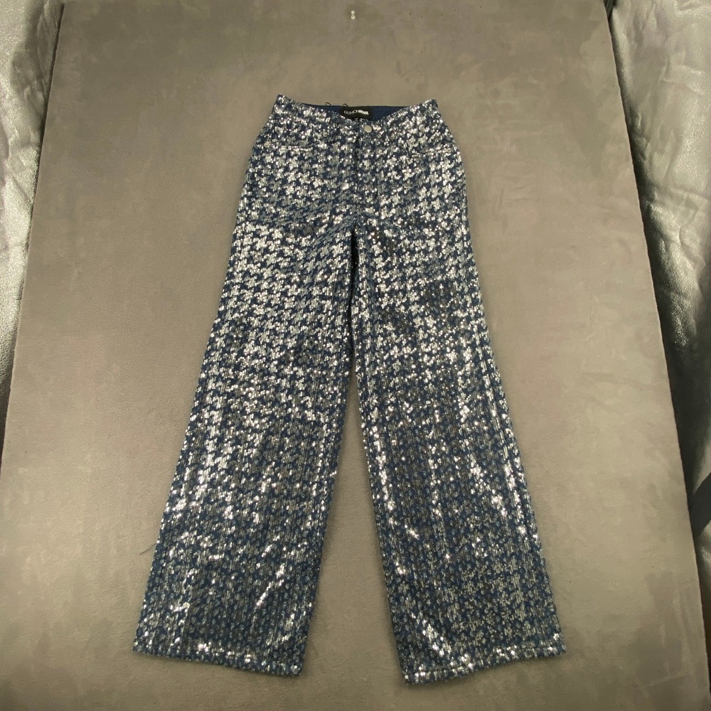 Fashion Nova Women Blue Silver Sequin Wide Leg Denim Pants FN7266RIN Size 1 NEW